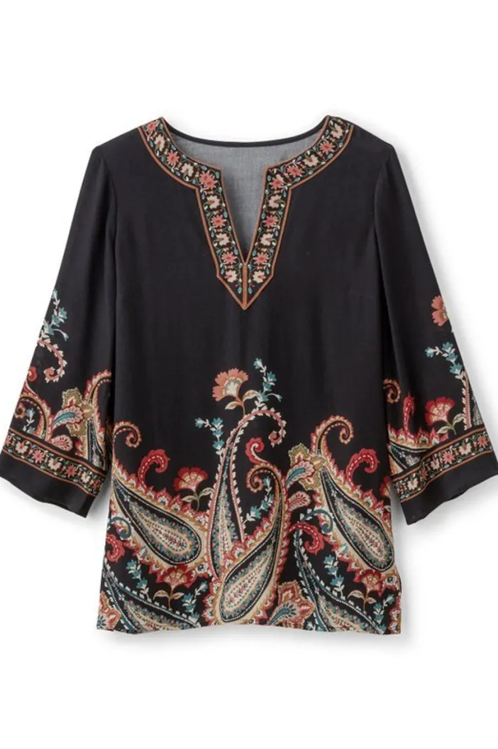 Soft Surroundings Tops|Tunics & Leggings|Elma 3/4 Sleeve Tunic CascadingBrder