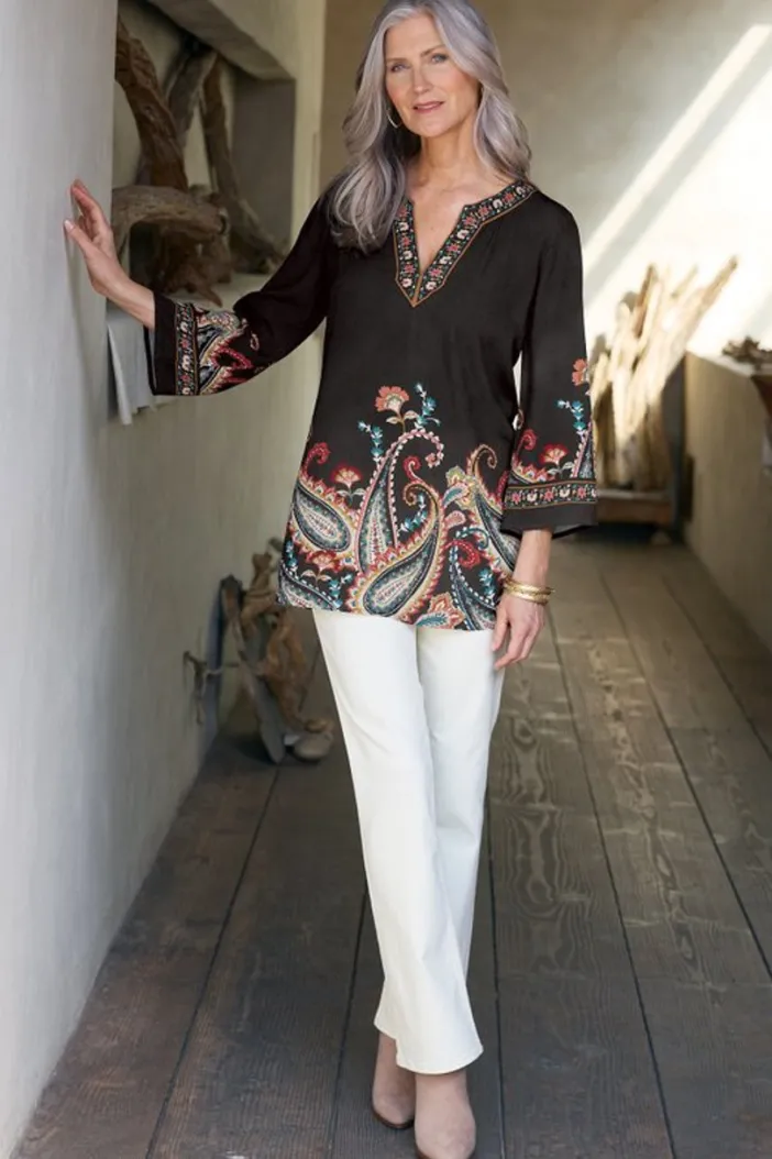 Soft Surroundings Tops|Tunics & Leggings|Elma 3/4 Sleeve Tunic CascadingBrder