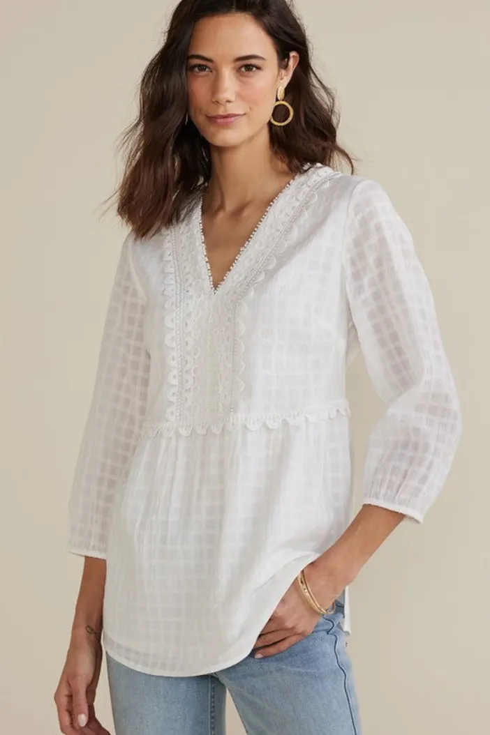 Soft Surroundings Tops|Elodie Windowpane Gauze Top Navy