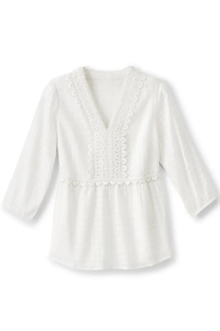Soft Surroundings Tops|Elodie Windowpane Gauze Top Navy