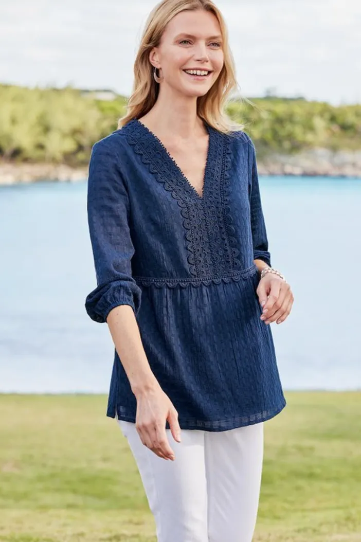 Soft Surroundings Tops|Elodie Windowpane Gauze Top Navy