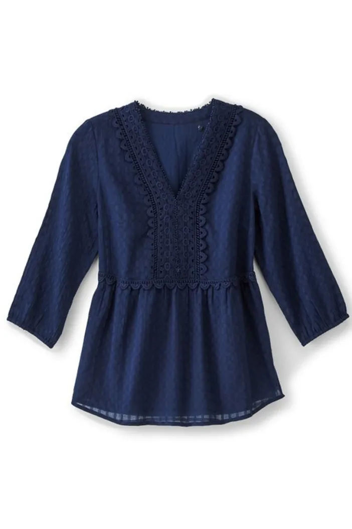 Soft Surroundings Tops|Elodie Windowpane Gauze Top Navy