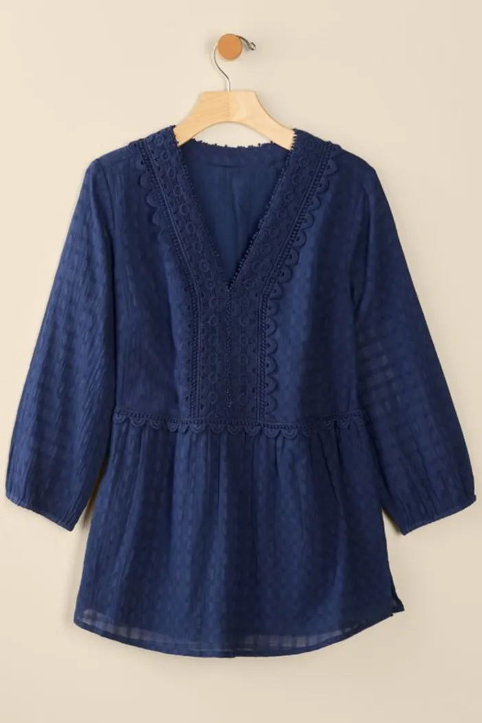 Soft Surroundings Tops|Elodie Windowpane Gauze Top Navy