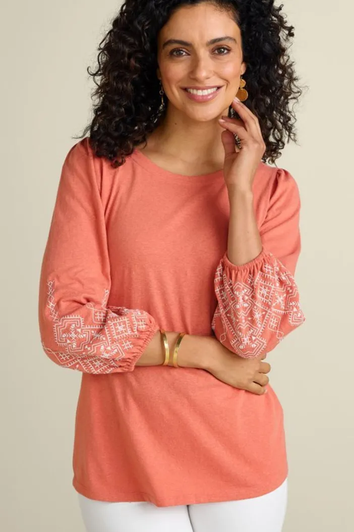 Soft Surroundings Tops|Embroidered Parisian Poet Top ApricotBrandy