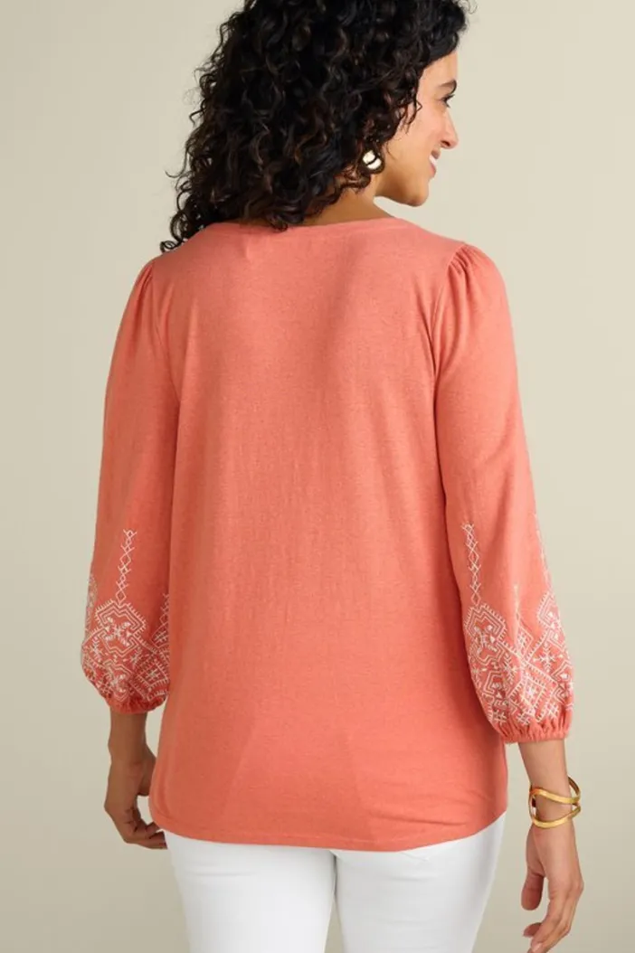 Soft Surroundings Tops|Embroidered Parisian Poet Top ApricotBrandy
