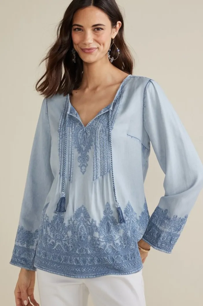Soft Surroundings Tops|Emily Embroidered Tencel™ Top LightChambray