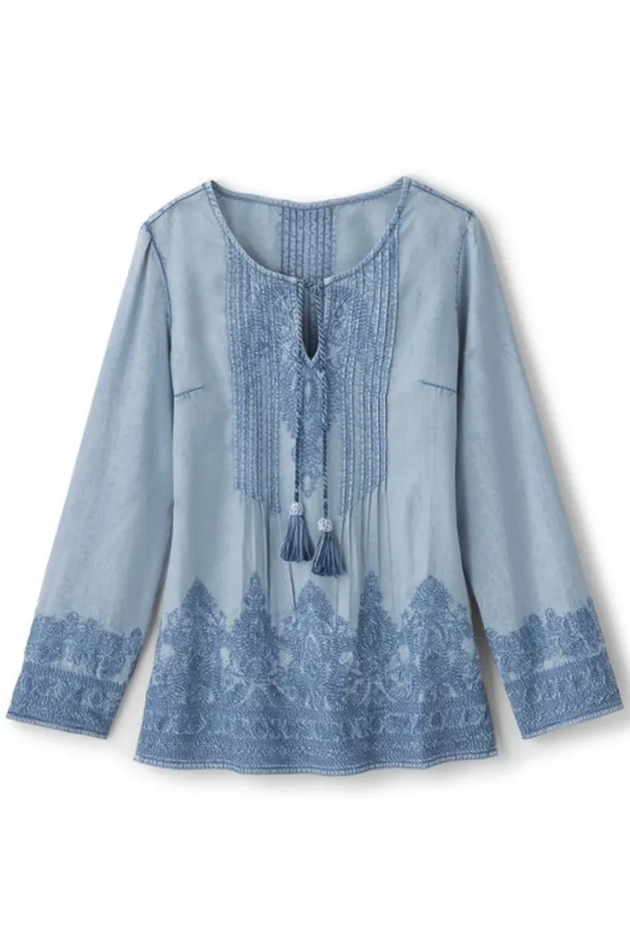 Soft Surroundings Tops|Emily Embroidered Tencel™ Top LightChambray