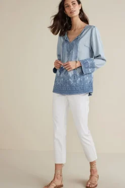 Soft Surroundings Tops|Emily Embroidered Tencel™ Top LightChambray