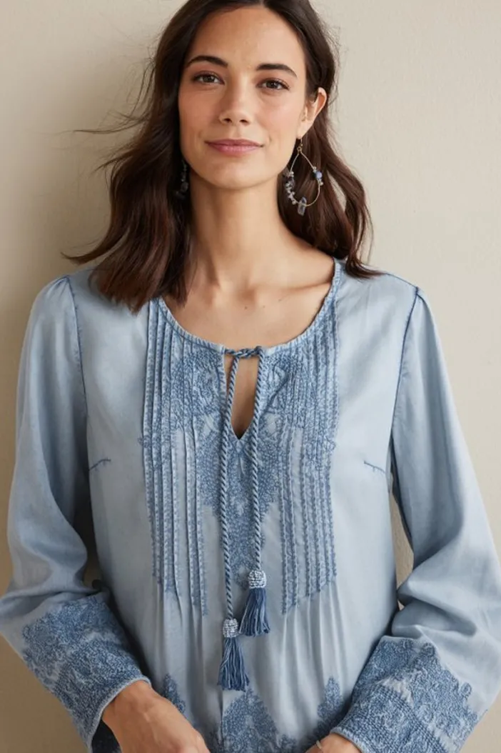 Soft Surroundings Tops|Emily Embroidered Tencel™ Top LightChambray