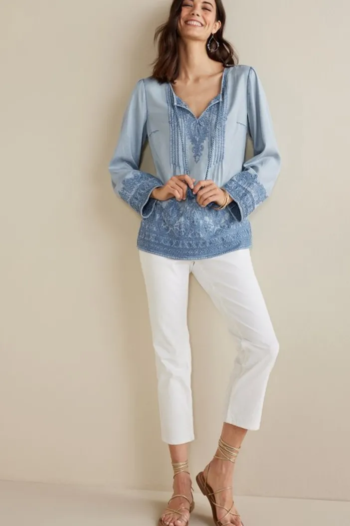 Soft Surroundings Tops|Emily Embroidered Tencel™ Top LightChambray