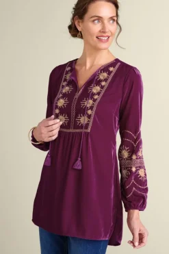 Soft Surroundings Tops|Evelyne Embroidered Velvet Tunic MagentaPurple