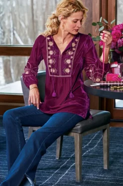 Soft Surroundings Tops|Evelyne Embroidered Velvet Tunic MagentaPurple