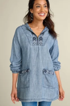 Soft Surroundings Tops|Evie Embroidered Tencel Hoodie WashedBlue