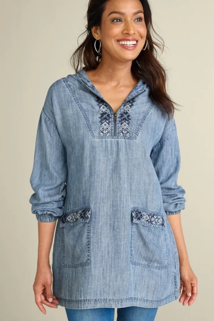Soft Surroundings Tops|Evie Embroidered Tencel Hoodie WashedBlue