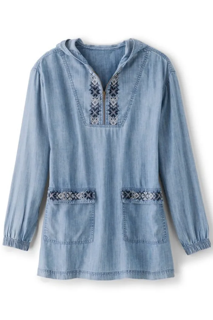 Soft Surroundings Tops|Evie Embroidered Tencel Hoodie WashedBlue