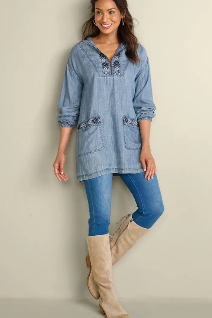 Soft Surroundings Tops|Evie Embroidered Tencel Hoodie WashedBlue