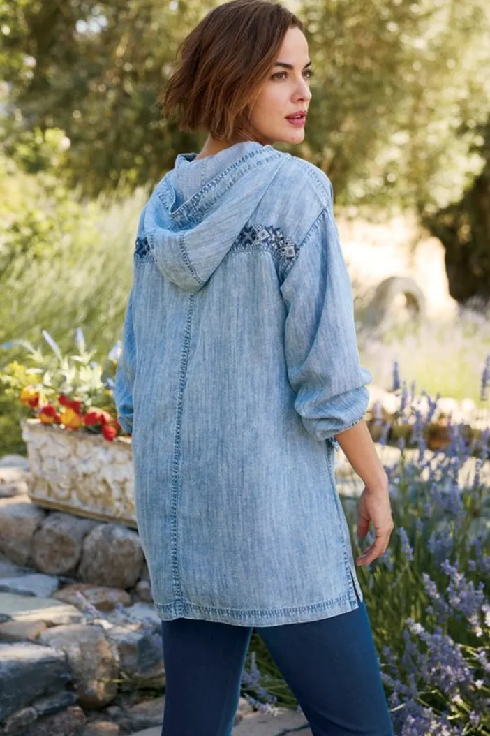 Soft Surroundings Tops|Evie Embroidered Tencel Hoodie WashedBlue