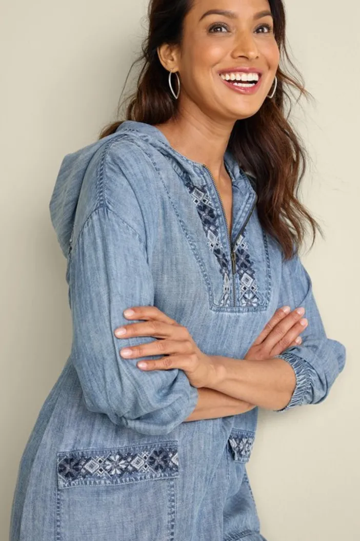 Soft Surroundings Tops|Evie Embroidered Tencel Hoodie WashedBlue