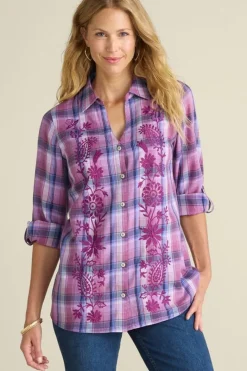 Soft Surroundings Tops|Gracie Embroidered Plaid Big Shirt BayAreaPlaid