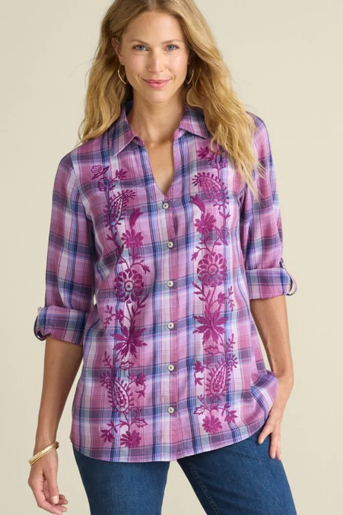 Soft Surroundings Tops|Gracie Embroidered Plaid Big Shirt BayAreaPlaid