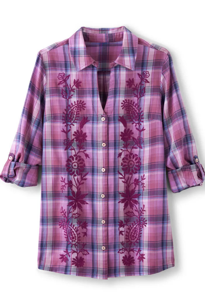 Soft Surroundings Tops|Gracie Embroidered Plaid Big Shirt BayAreaPlaid