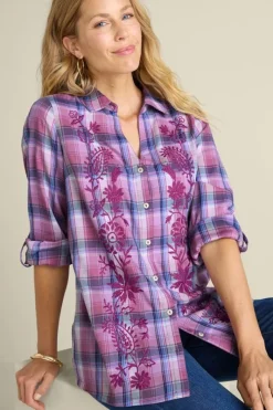 Soft Surroundings Tops|Gracie Embroidered Plaid Big Shirt BayAreaPlaid