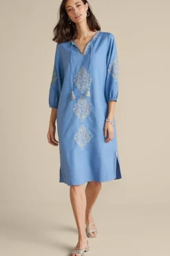Soft Surroundings Dresses|Hasana Linen Blend Midi Dress RiversideBlue