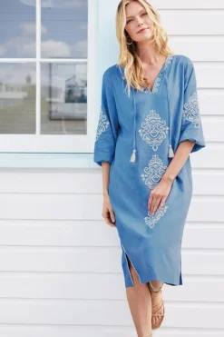 Soft Surroundings Dresses|Hasana Linen Blend Midi Dress RiversideBlue