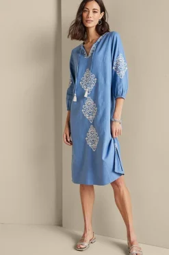 Soft Surroundings Dresses|Hasana Linen Blend Midi Dress RiversideBlue