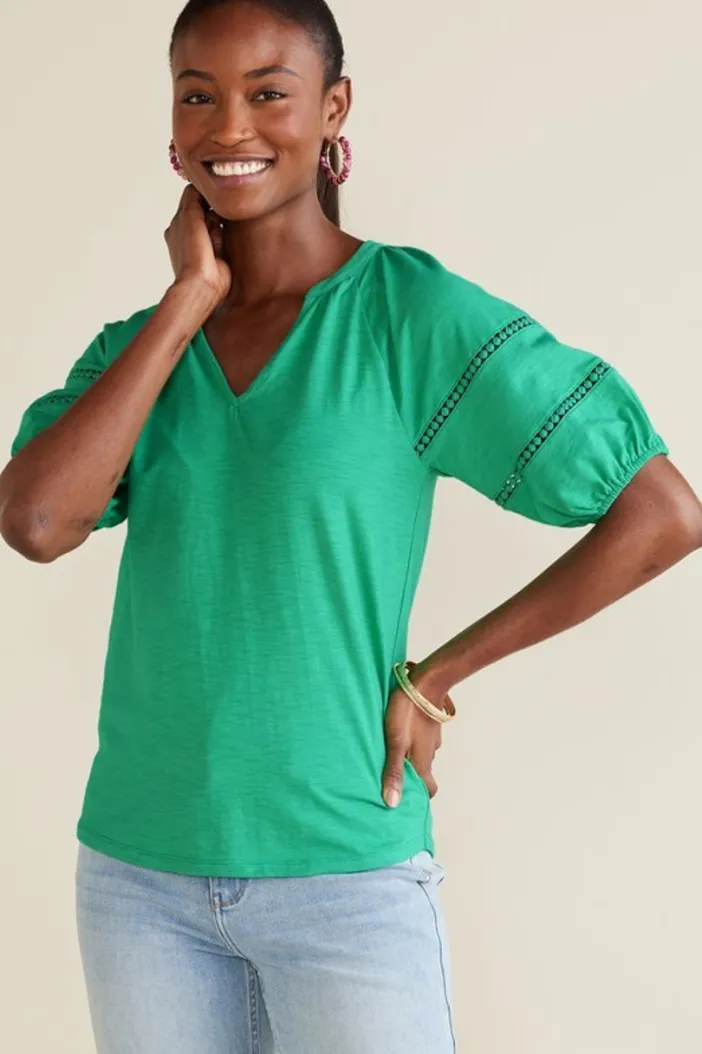 Soft Surroundings Tops|Heidi Supima Puff Sleeve Tee HollyGreen