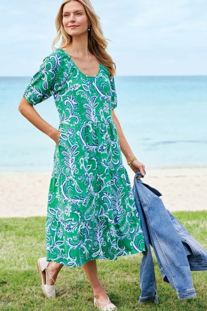 Soft Surroundings Dresses|Ilana Midi Dress GreenLeafIkat