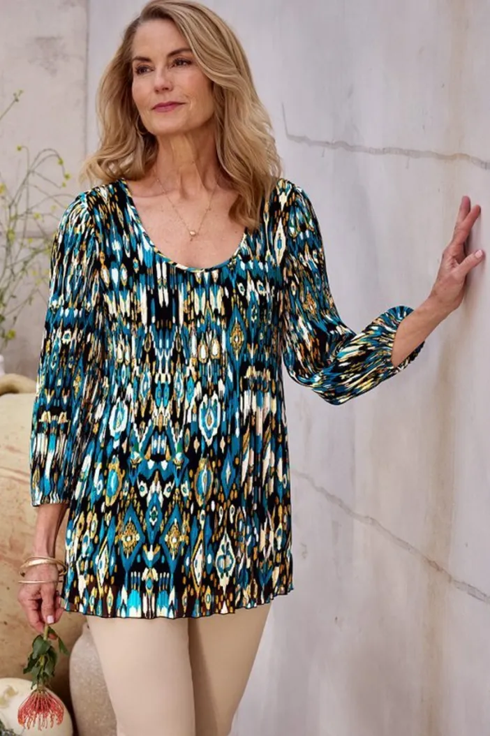 Soft Surroundings Tops|Tunics & Leggings|Imrie 3/4 Sleeve Tunic MenaraIkatBlue