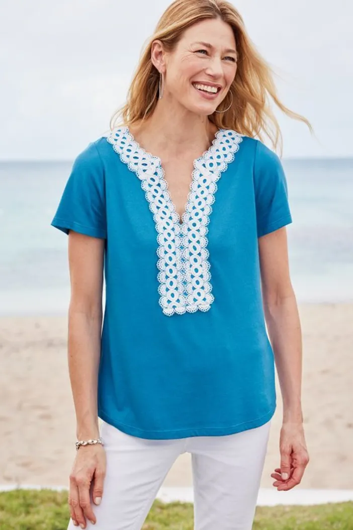 Soft Surroundings Tops|Kaitlyn Embellished Knit Tee SwedishBlue