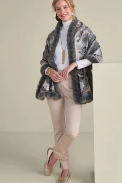 Soft Surroundings Scarves & Wraps|Katya Faux Fur Trim Wrap Scarf Gray