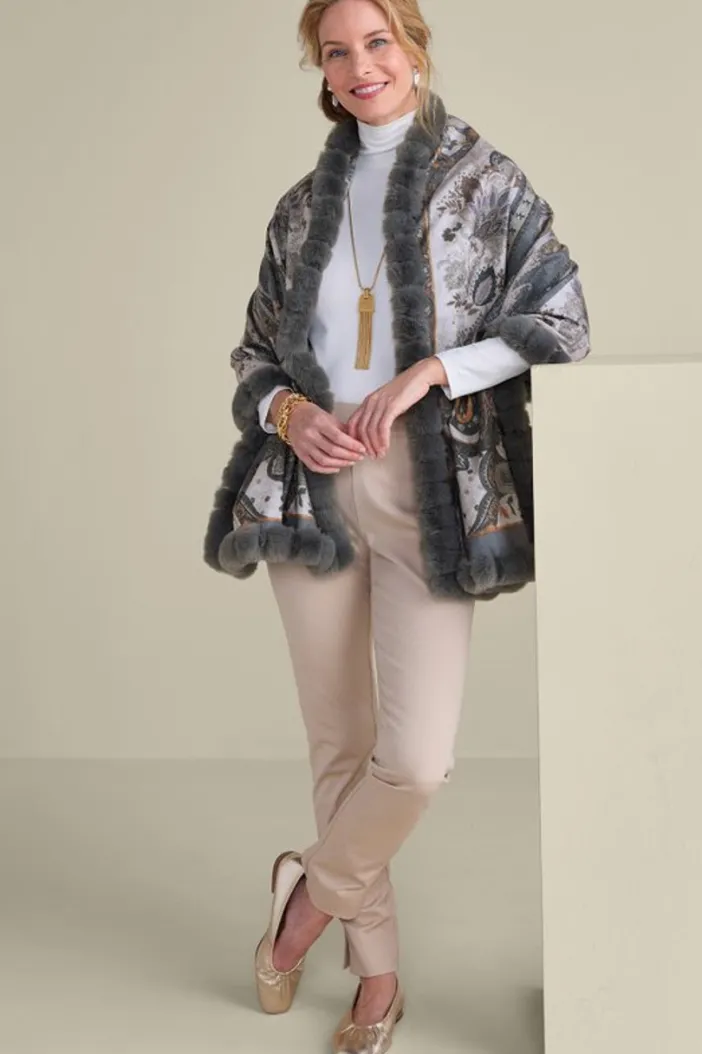 Soft Surroundings Scarves & Wraps|Katya Faux Fur Trim Wrap Scarf Gray