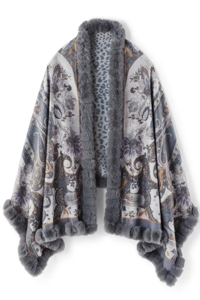 Soft Surroundings Scarves & Wraps|Katya Faux Fur Trim Wrap Scarf Gray