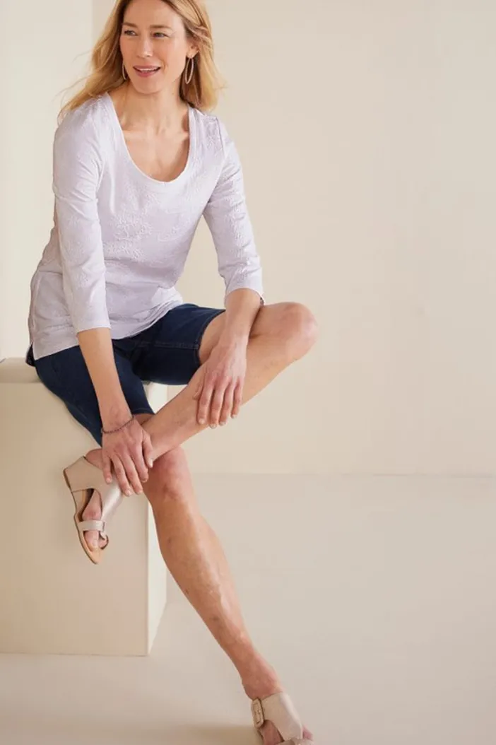 Soft Surroundings Tops|Linnea Embroidered 3/4 Sleeve Tee Navy