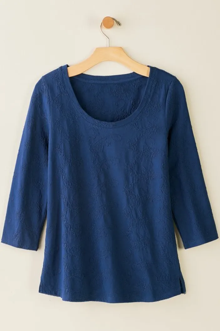 Soft Surroundings Tops|Linnea Embroidered 3/4 Sleeve Tee Navy