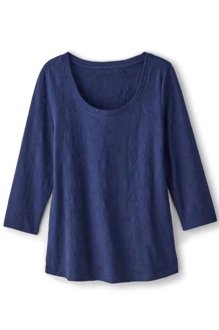 Soft Surroundings Tops|Linnea Embroidered 3/4 Sleeve Tee Navy