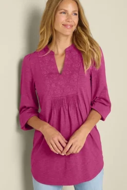 Soft Surroundings Tops|Tunics & Leggings|Mikaela Embroidered 3/4 Sleeve Tunic RaspberryRadiance