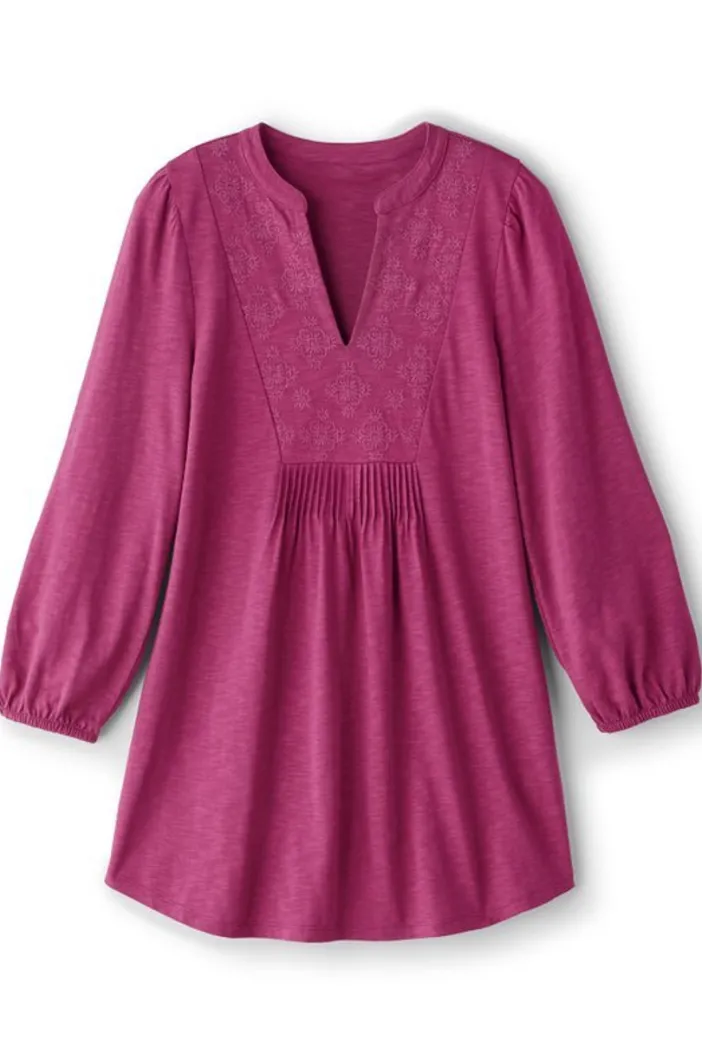 Soft Surroundings Tops|Tunics & Leggings|Mikaela Embroidered 3/4 Sleeve Tunic RaspberryRadiance