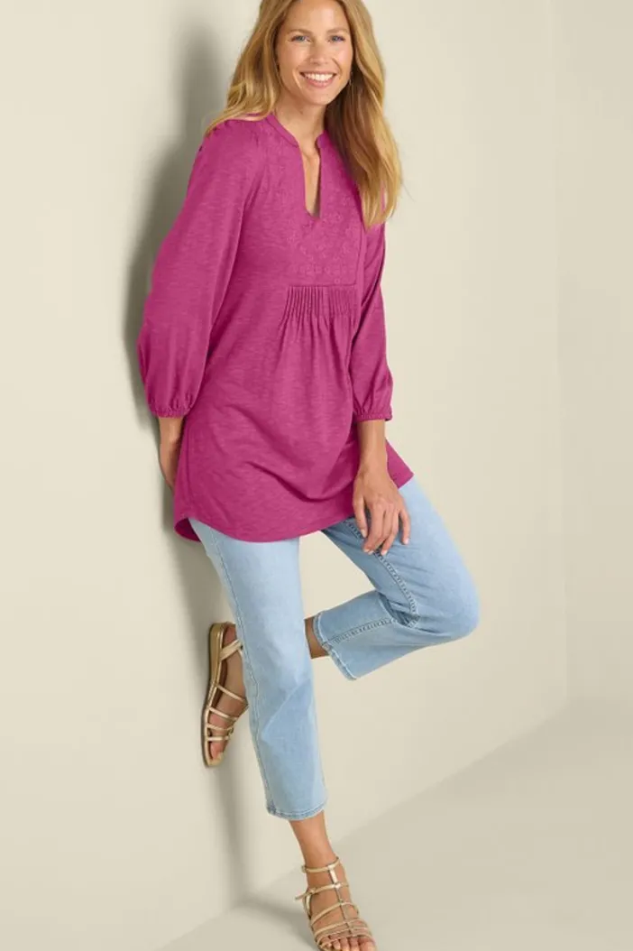 Soft Surroundings Tops|Tunics & Leggings|Mikaela Embroidered 3/4 Sleeve Tunic RaspberryRadiance