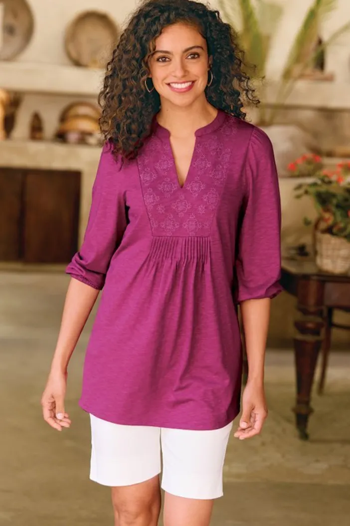 Soft Surroundings Tops|Tunics & Leggings|Mikaela Embroidered 3/4 Sleeve Tunic RaspberryRadiance