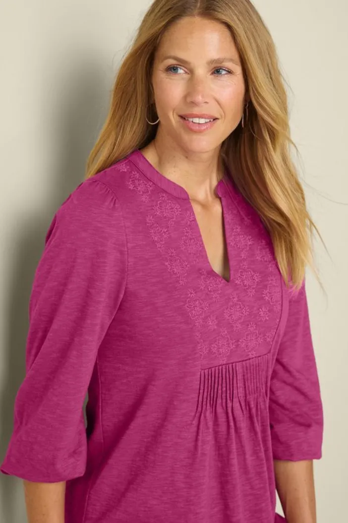 Soft Surroundings Tops|Tunics & Leggings|Mikaela Embroidered 3/4 Sleeve Tunic RaspberryRadiance