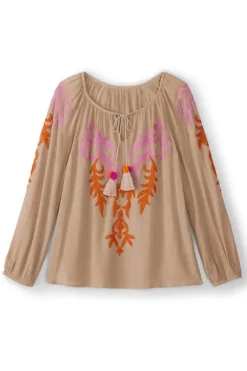 Soft Surroundings Tops|Noura Embroidered Gauze Pullover Sesame