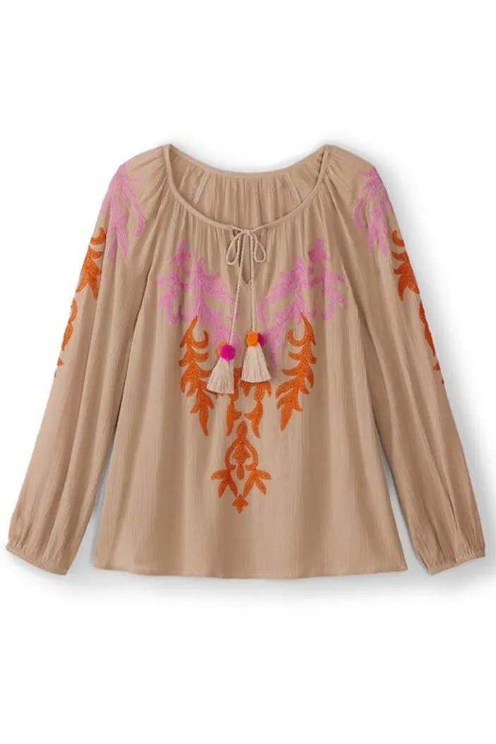 Soft Surroundings Tops|Noura Embroidered Gauze Pullover Sesame
