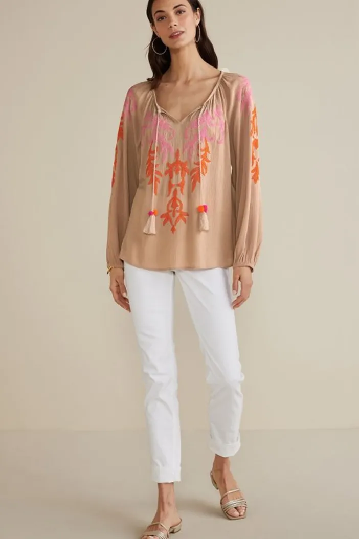 Soft Surroundings Tops|Noura Embroidered Gauze Pullover Sesame