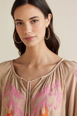 Soft Surroundings Tops|Noura Embroidered Gauze Pullover Sesame