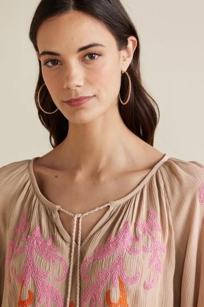 Soft Surroundings Tops|Noura Embroidered Gauze Pullover Sesame