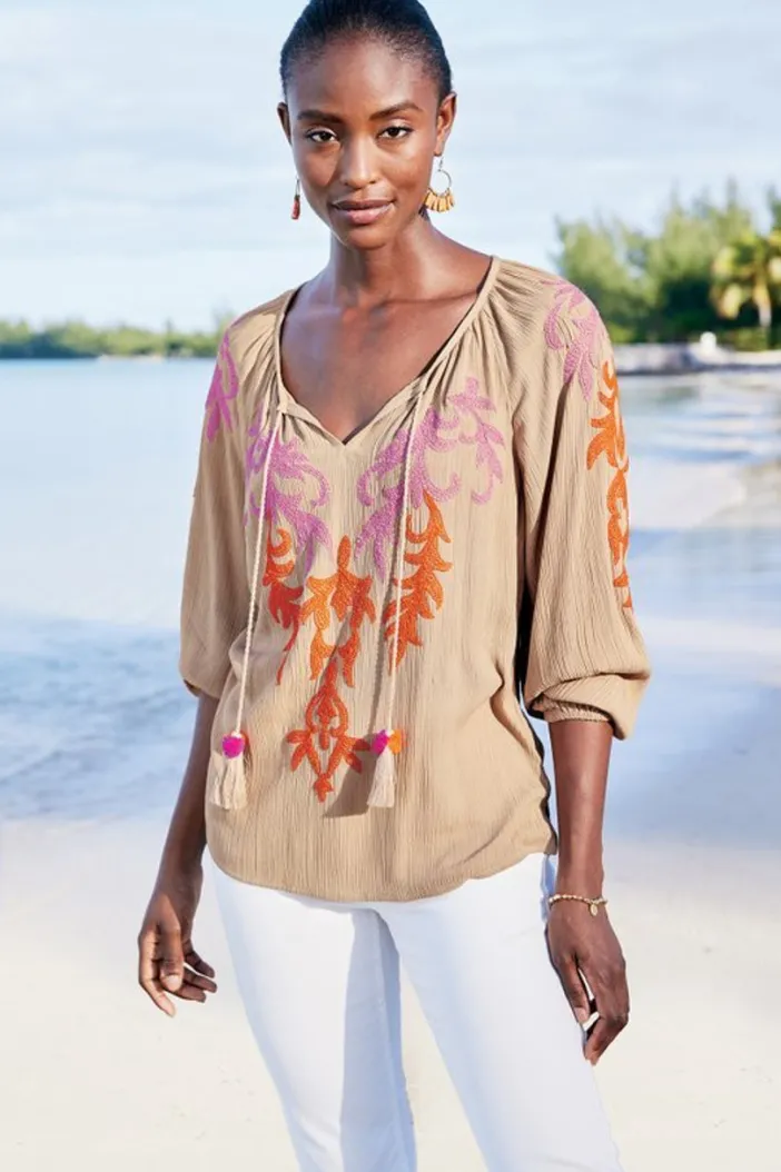 Soft Surroundings Tops|Noura Embroidered Gauze Pullover Sesame